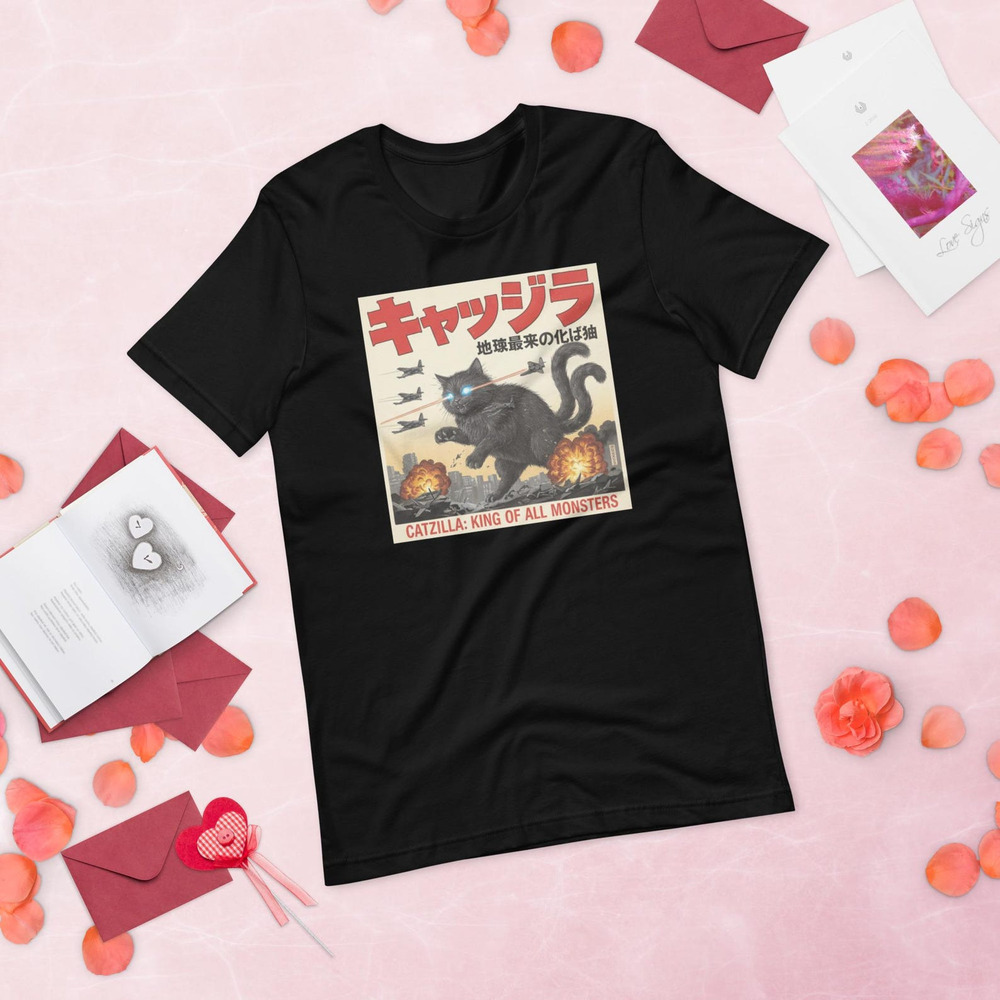 Funny Catzilla Japanese Style T Shirt Black